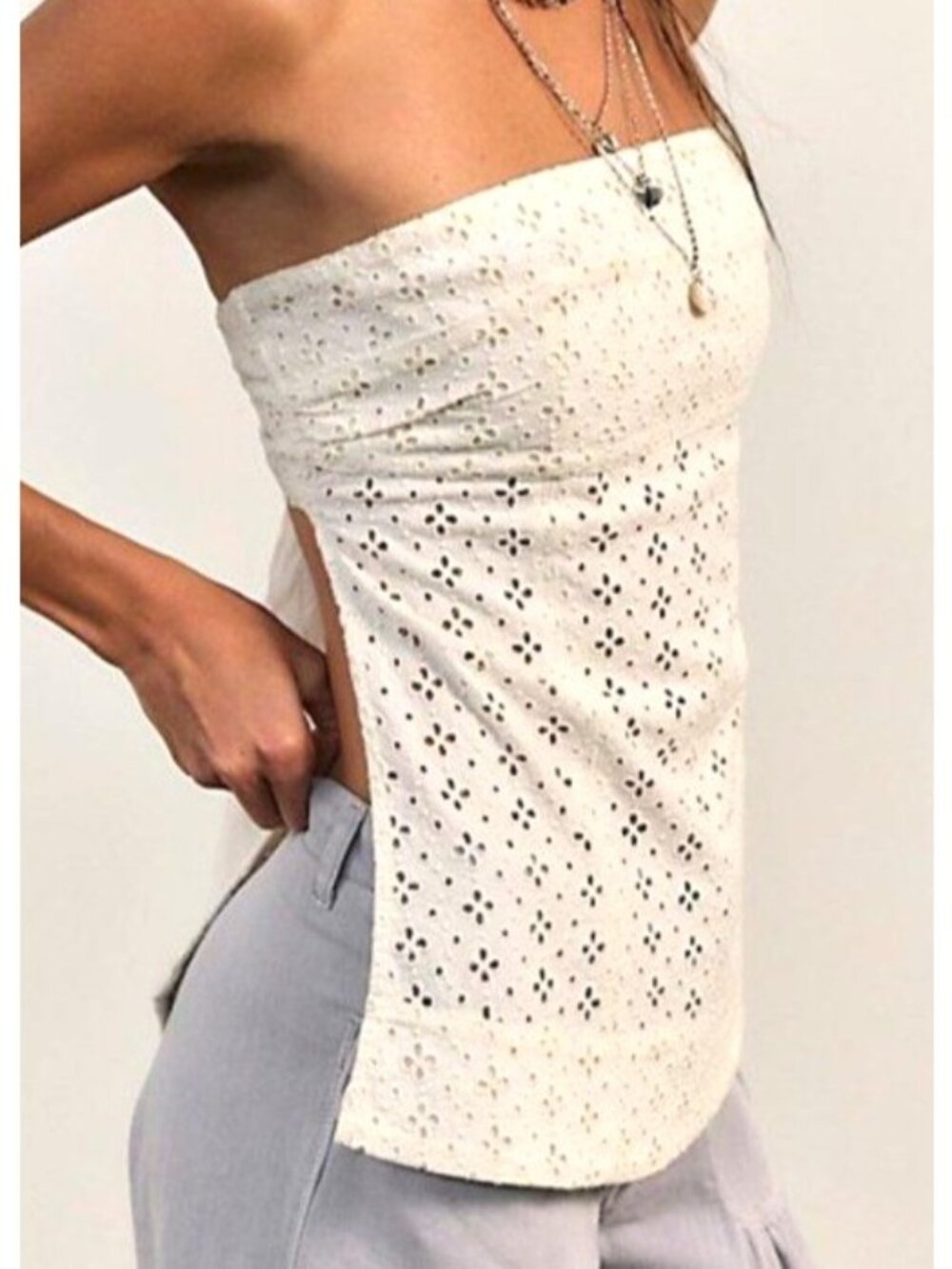 Free People Womens Sz M Ivory Solara Eyelet Tube Top Eyelet Strapless Top